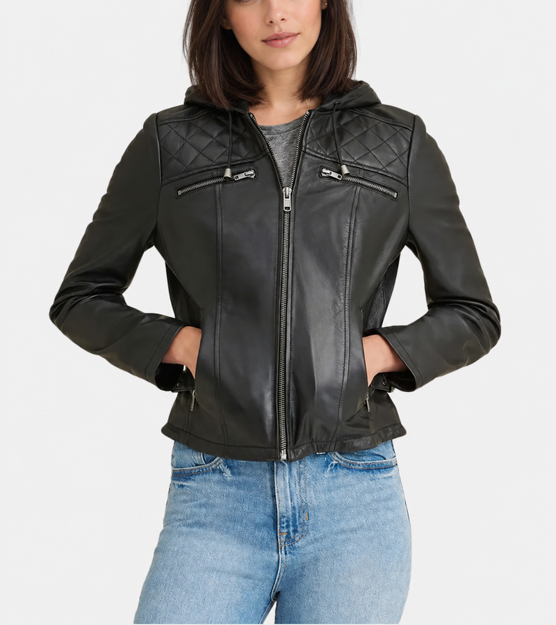 Hooded Women’s Biker Leather Jacket