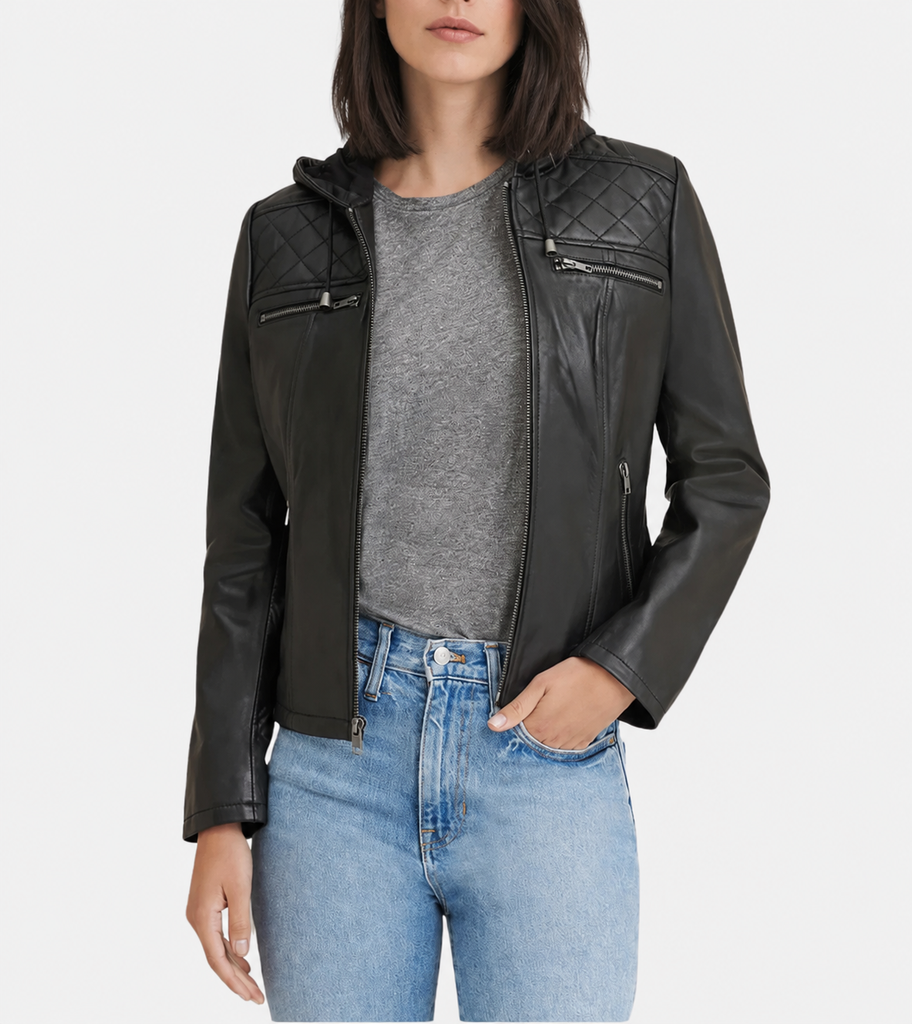 Hooded Women’s Biker Leather Jacket