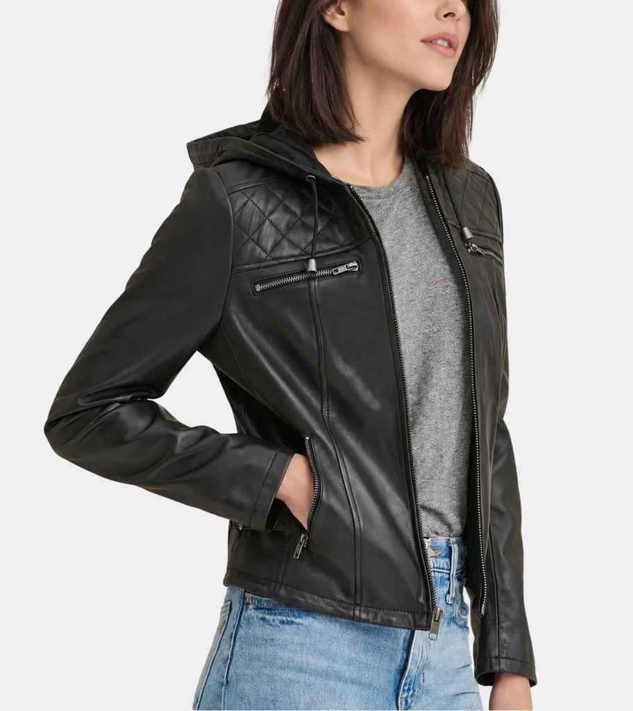 Hooded Women’s Biker Leather Jacket