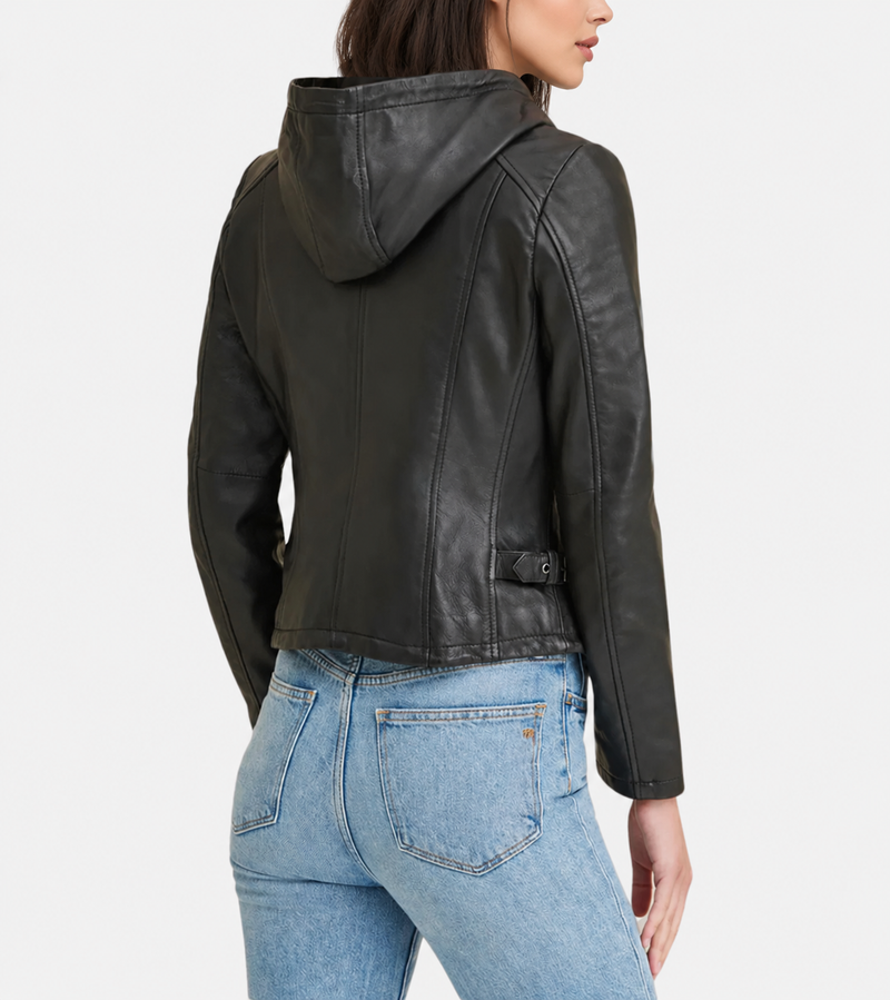 Hooded Women’s Biker Leather Jacket