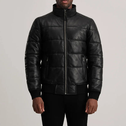 Lucas Black Leather Puffer Bomber Jacket
