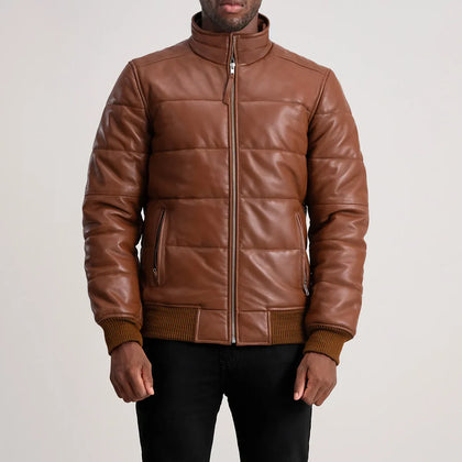 Lucas Brown Leather Puffer Bomber Jacket