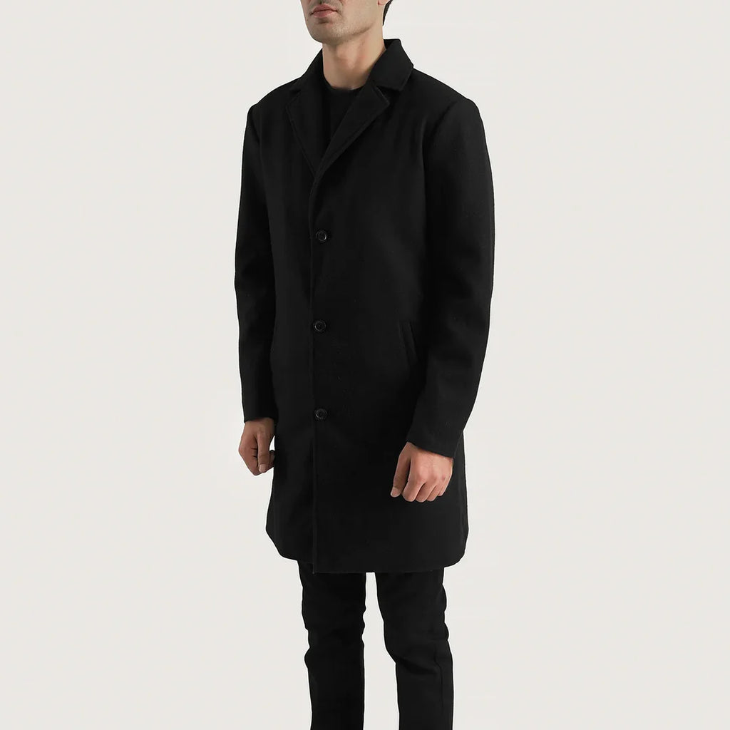 Petrillo Black Wool Single Breasted Coat - Genuine Leather Petrillo Black Wool Single Breasted Coat - Genuine Leather