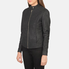Charcoal Kelsee Distressed Leather Biker Jacket