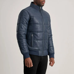 Lucas Blue Leather Puffer Bomber Jacket