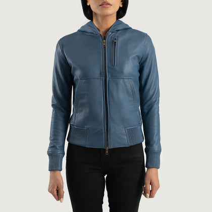 Luna Hooded Leather Bomber Jacket Sapphire for Women