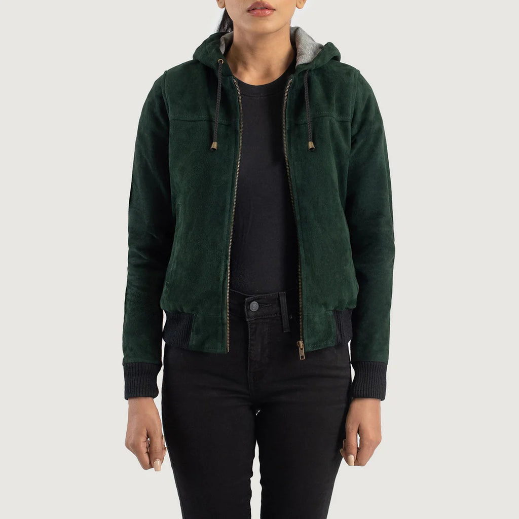 Rebella Hooded Suede Bomber Jacket