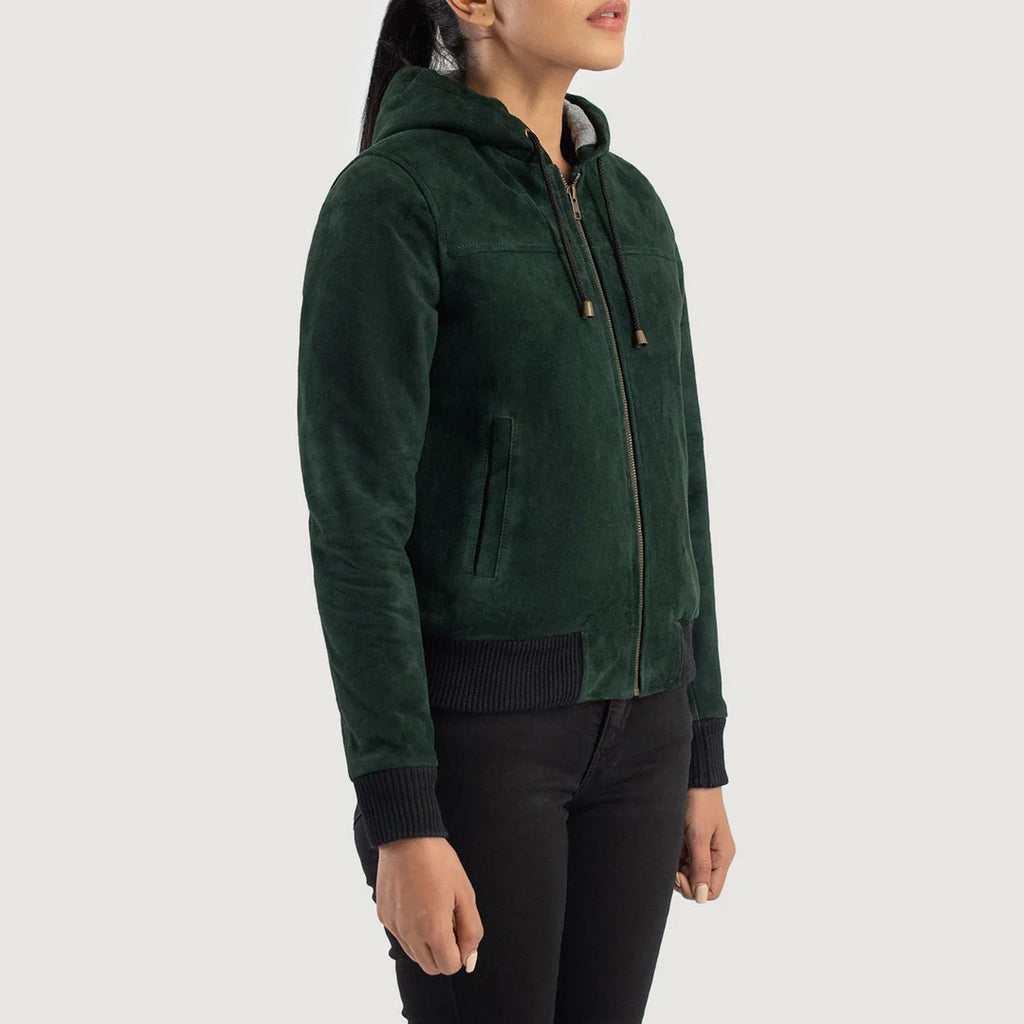 Rebella Hooded Suede Bomber Jacket